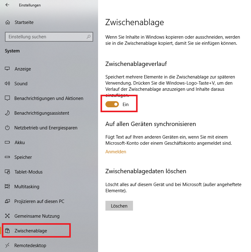 Abbildung 1: Aktivieren des Zwischenablageverlaufs