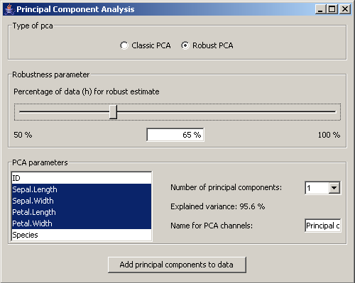 Dialog für die Einstellungen der Hauptkomponentenanalyse