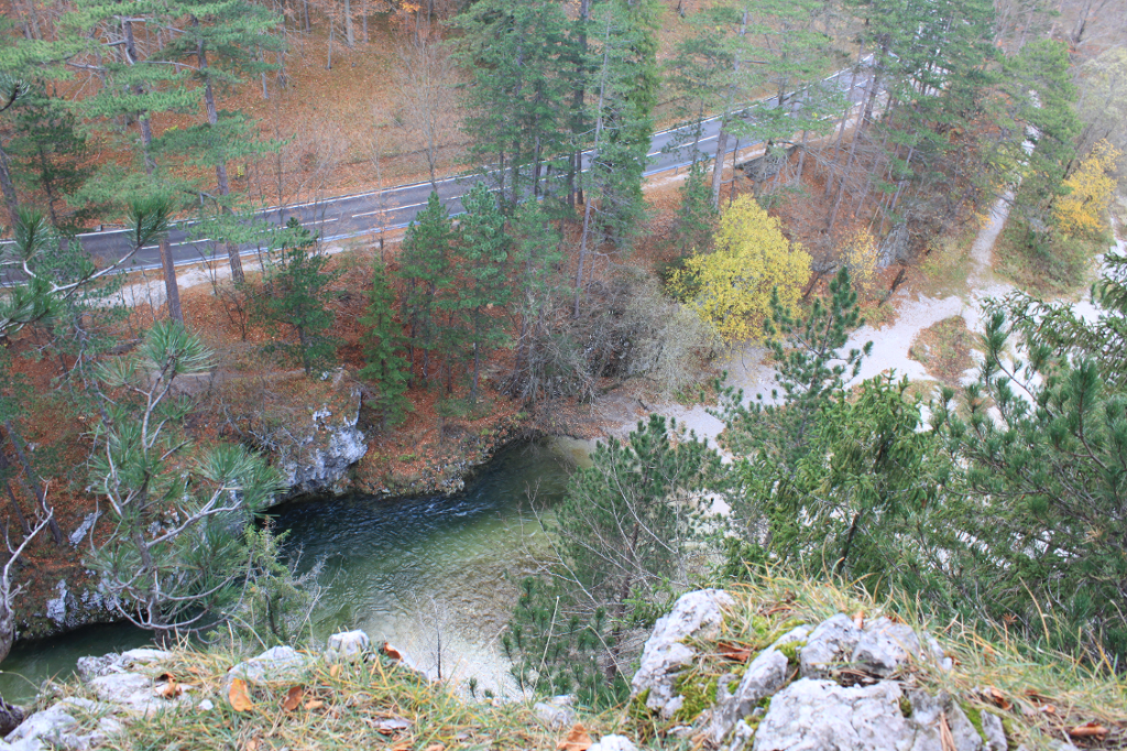 Blick hinab auf die Schwarza von einem Aussichtspunkt und die Straße durchs Höllental