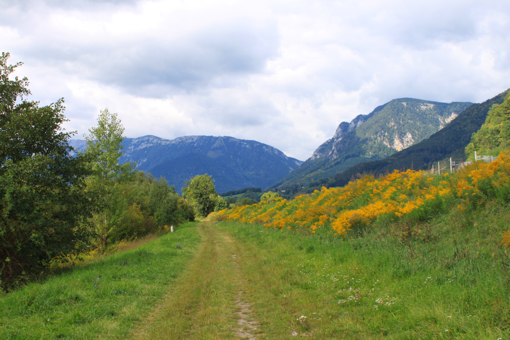 Abbildung 5: 
      Auf dem Wasserleitungsweg zwischen Schlöglmühl und Payerbach mit Blick 
      auf die Rax und den Mittagstein.