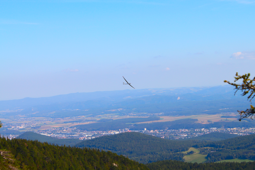 Abbildung 11:
      Der Segelflieger, dem wir zuwinkten. Im Hintergrund das Schwarzatal mit Blick auf Wimpassing.