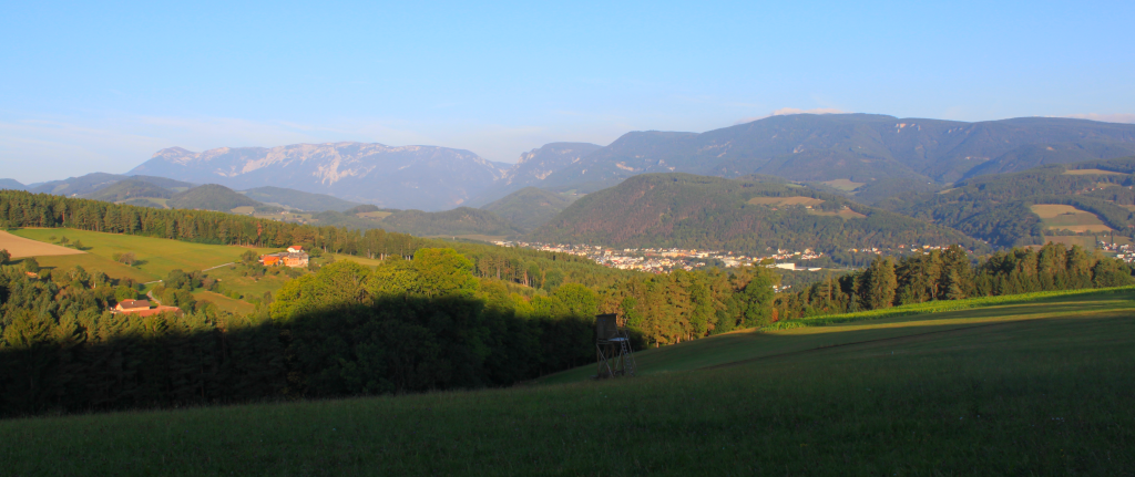 Abbildung 2:
      Ein wunderbarer Ausblick auf unsere Bergwelt in der Nähe von Thürmannsdorf: Rax, Mittagstein, Gahns mit der Roten Wand und
      davor der Silbersberg auf einen Blick